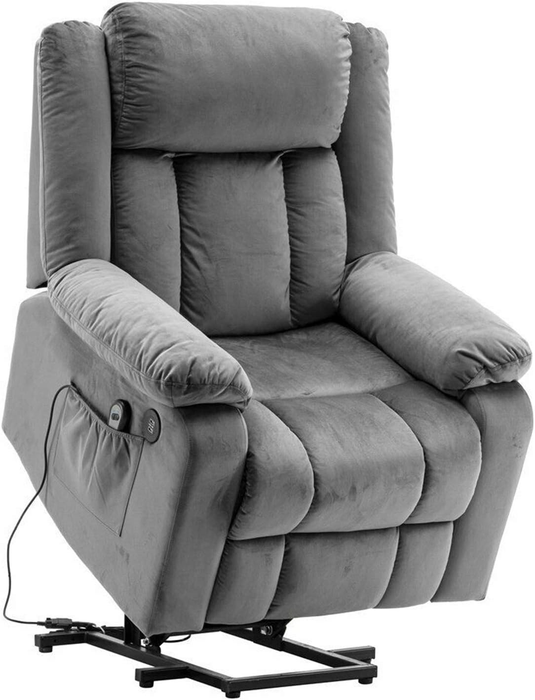 Grey Oversized Auto Electric Power Lift Massage Vibration Recliner USB Chair w/Remote Control Sofa Heat Elderly Armchair Foam Sponge Faux Leather