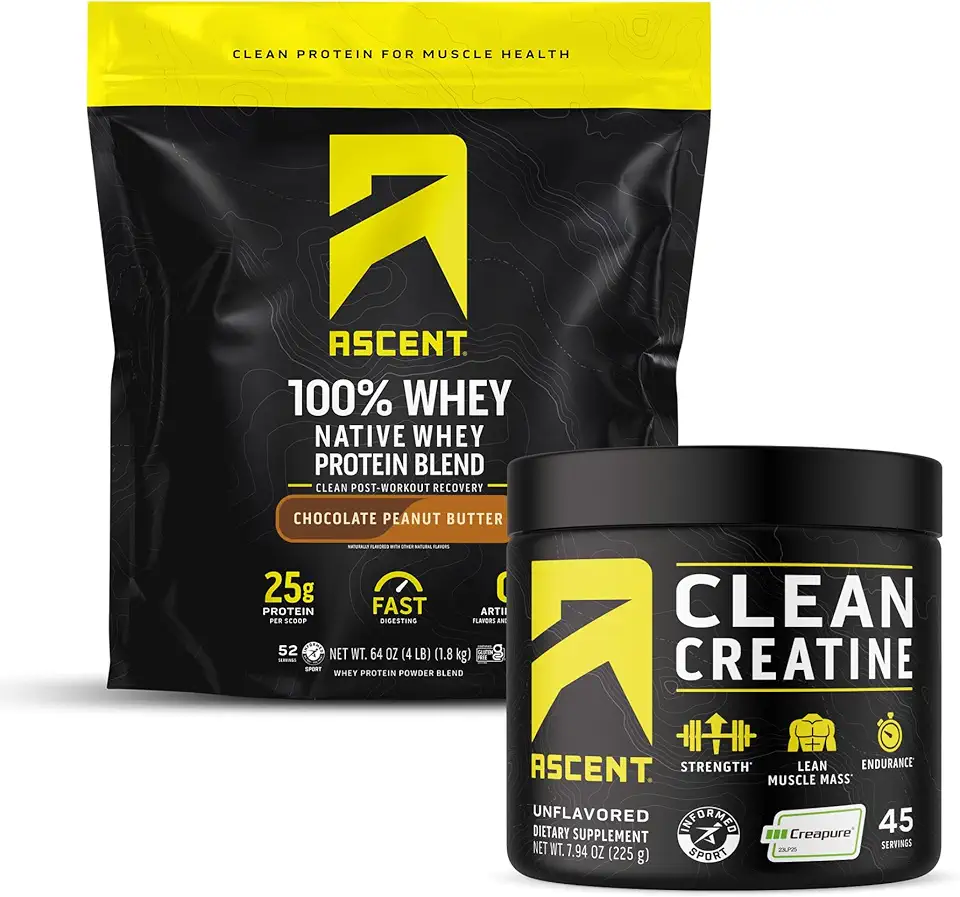 Ascent 100% Whey Protein Powder, Chocolate Peanut Butter 4 lb & Creatine Monohydrate Powder, Unflavored 45 Servings - Kansas Nuitrition - HNZSDS