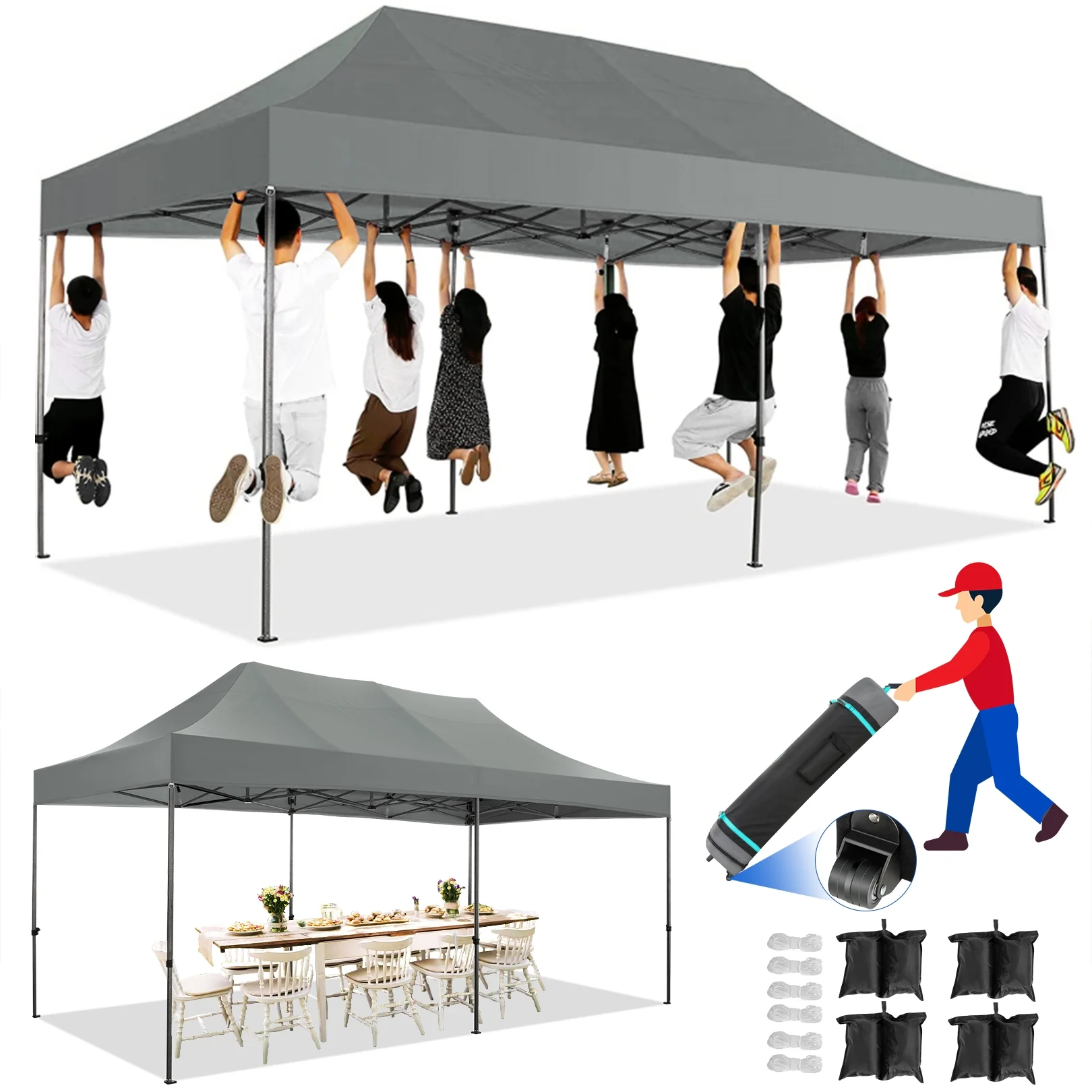 COBIZI 10x20 Pop up Canopy, Commercial Heavy Duty Canopy UPF 50+ All Weather Waterproof Outdoor Wedding Party Tents Gazebo with Roller Bag, Gray