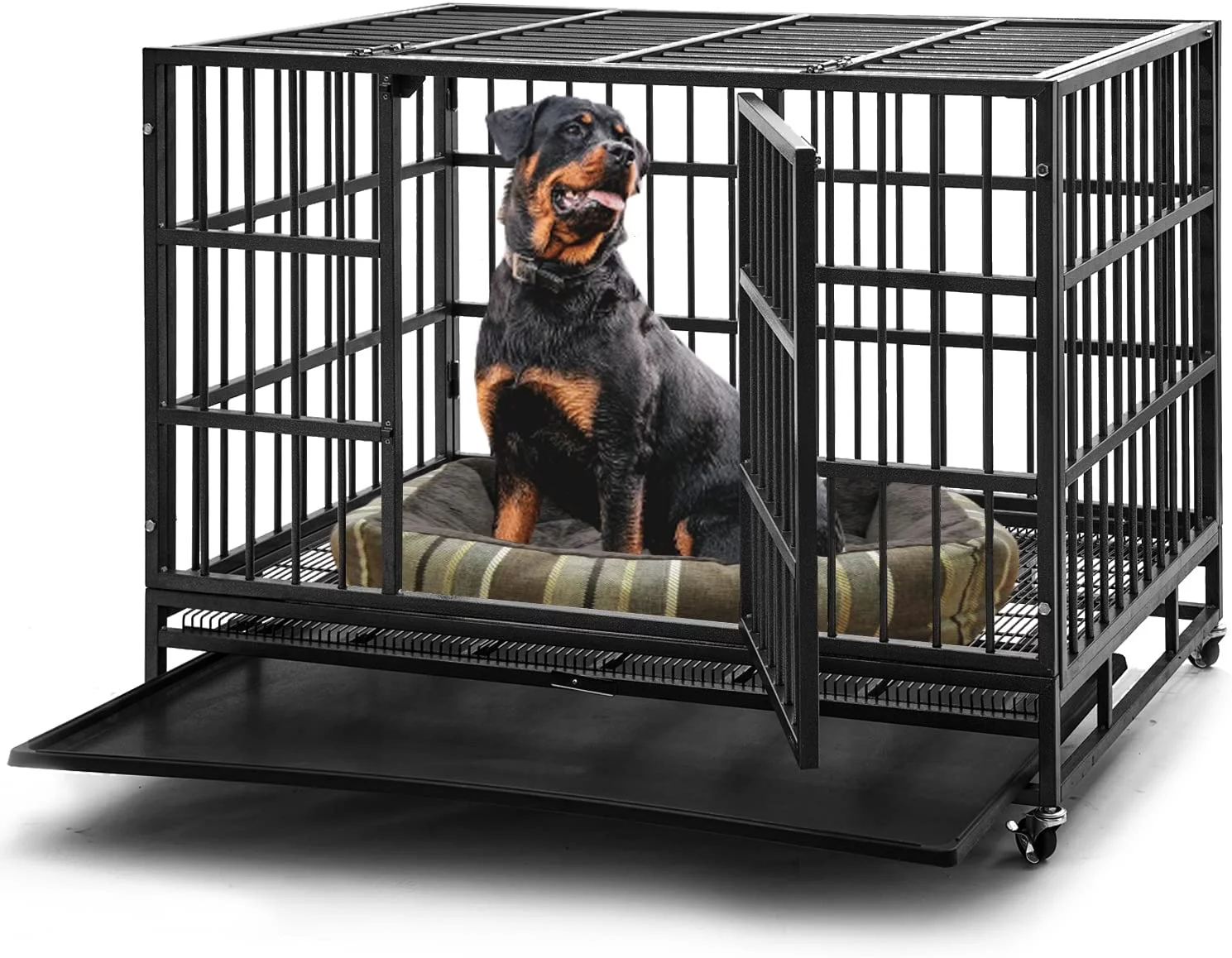Aixvx 48 inch Heavy Duty Indestructible Dog Crate Steel Escape Proof, Indoor Double Door High Anxiety Cage, Kennel with Wheels, Removable Tray