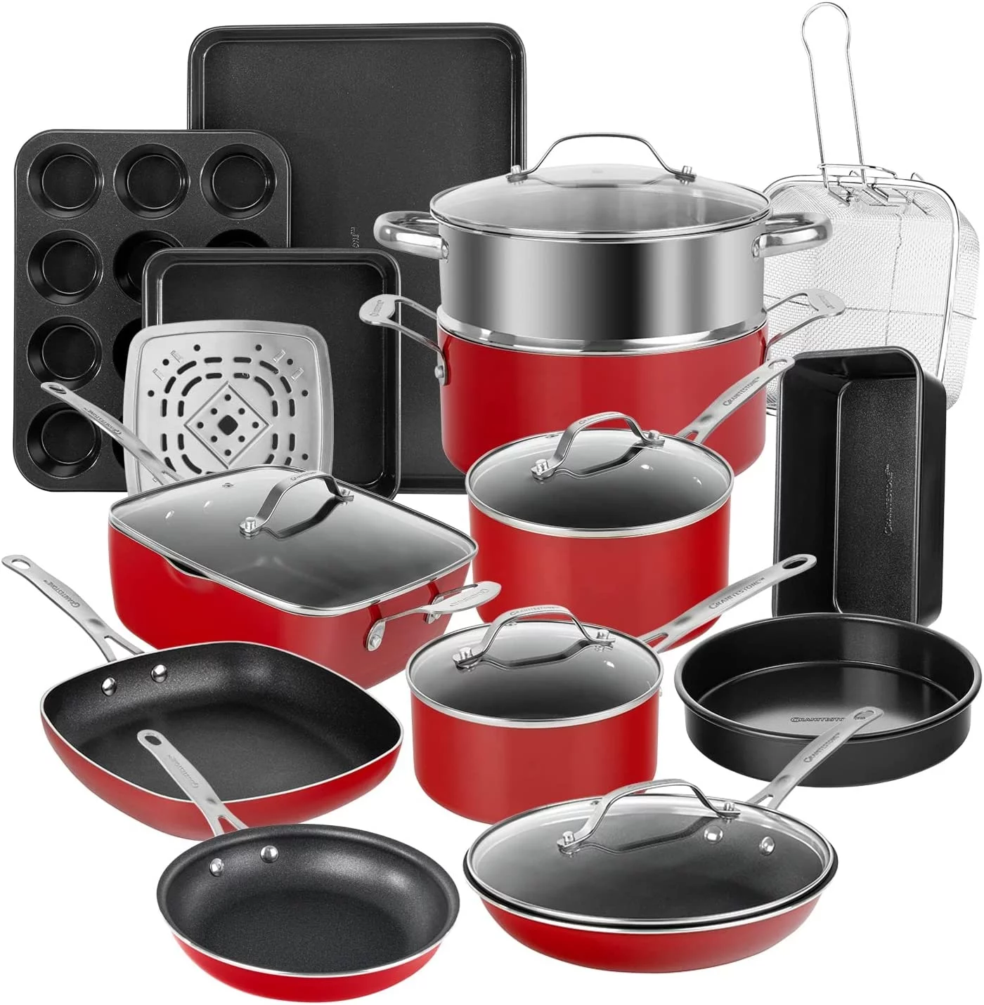 Excellent en Red Pots and Pans Set Nonstick 20 Pc Kitchen Cookware Set &amp; Bakeware Set with Mineral &amp