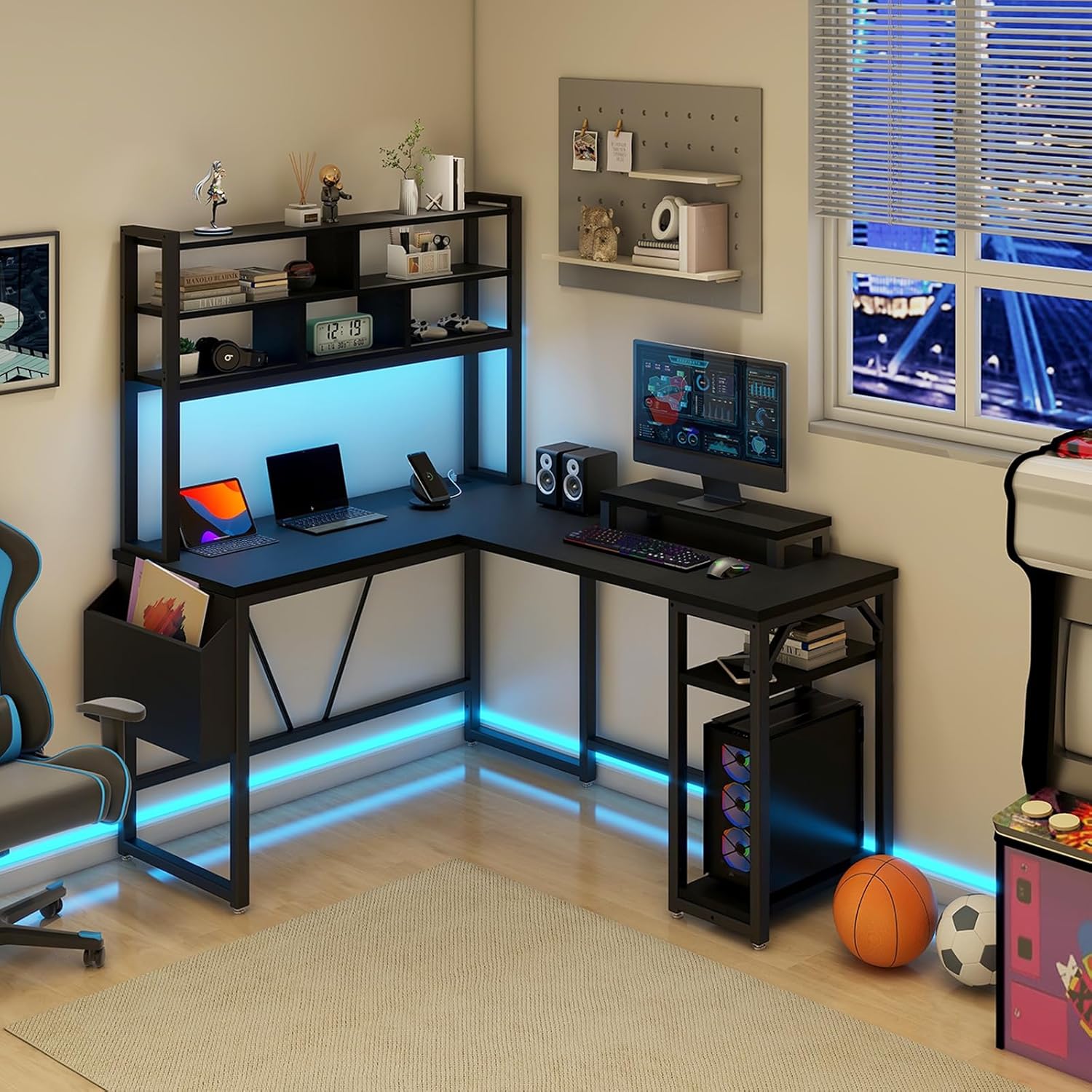 L Shaped Computer Desk with LED Sensor Lights and Power Outlets, Reversible L Shape Gaming Desk with Storage Bag and Hutch Monitor Stand