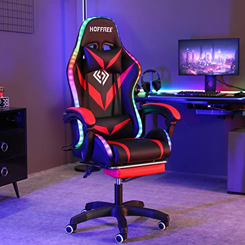 Gaming Chair with Massage and LED Lights Ergonomic Video Game Chairs with Footrest High Back Reclining Computer Chair with Adjustable Lumbar Support