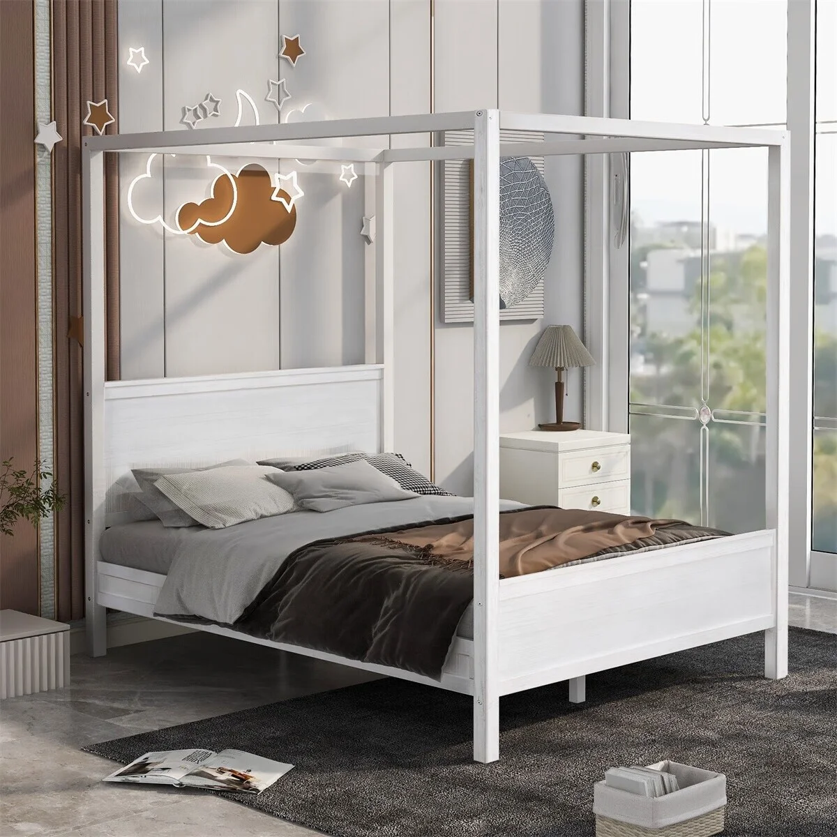 MERAX  Queen Size Canopy Platform Bed with Headboard and Footboard White
