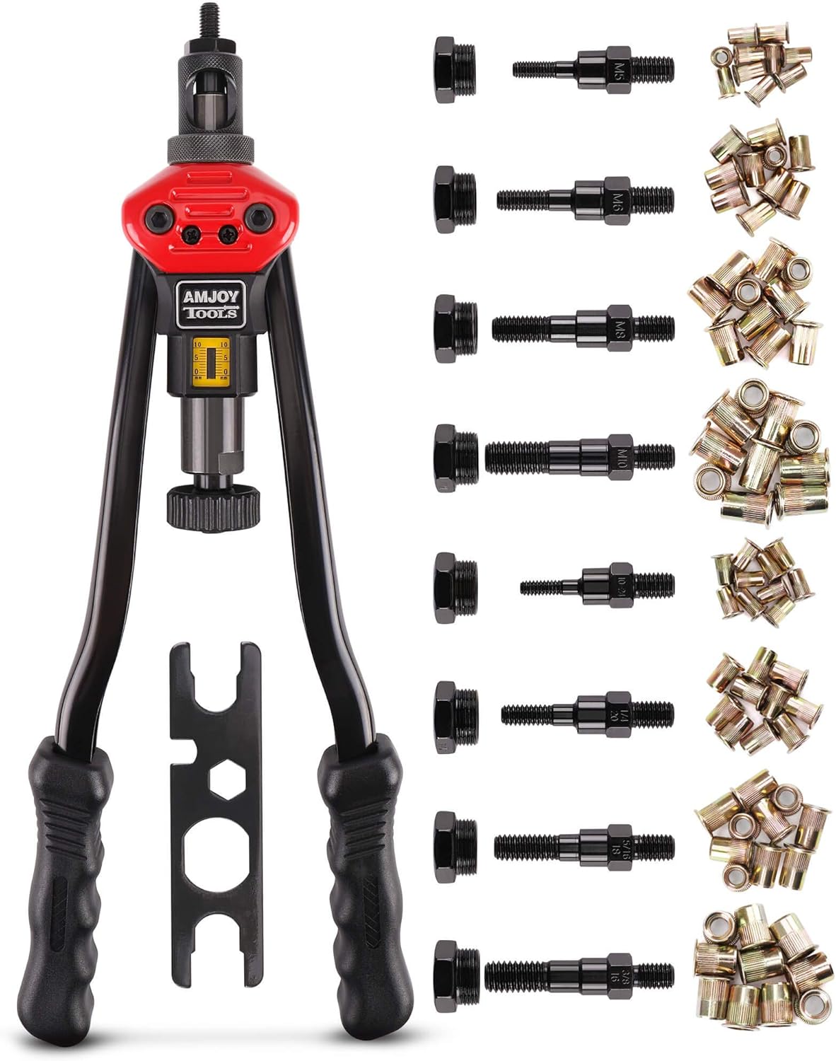 Amjoy Rivet Nut Tool 16'' Long Handles, Labor-Saving Rivnut Tool Set with 8 Mandrels(Metric/SAE), Easy Use Rivet Nut Kit with 80 Rivet Nuts