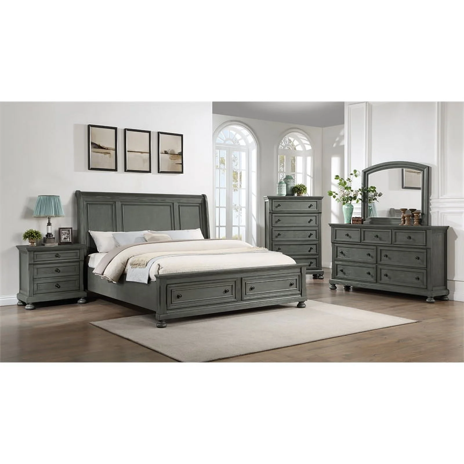 Pemberly Row Modern 5PC King Bedroom Set Made with Wood & Rustic Gray Finish