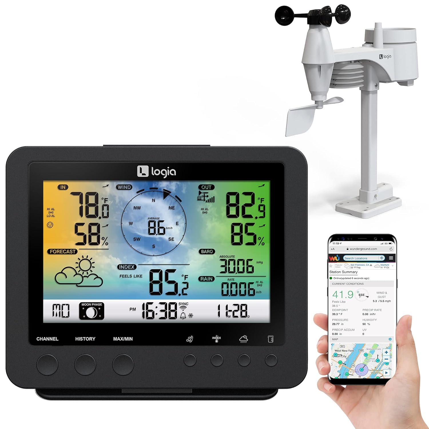 Logia 5-in-1 Wi-Fi Weather Station | Indoor/Outdoor Remote Monitoring System Shows Temperature, Humidity, Wind Speed/Direction