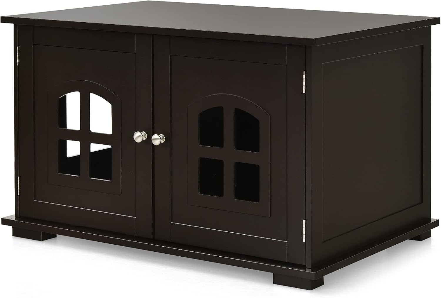 PETSITE Cat Litter Box Enclosure Furniture Hidden, Kitty Wooden Washroom Storage Cabinet Bench w/Cross Windows, Double Door, Arched Doorway