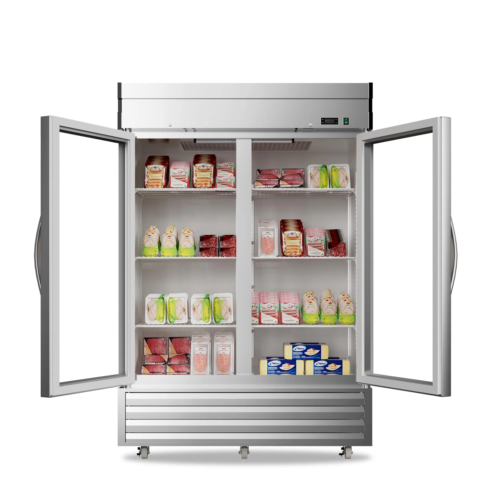Chingoo Commercial Beverage Cooler 2 Glass Doors, 49 Cu.ft Stainless Steel Reach-in Upright Refrigerator for Bar Shop Office