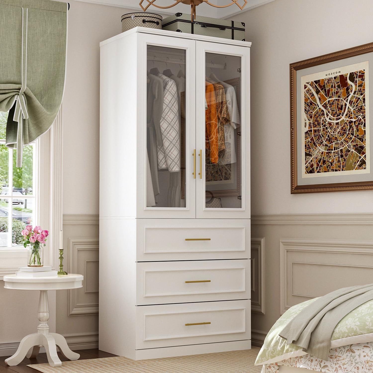 ECACAD Wardrobe Armoire with 2 Glass Doors, 3 Drawers & Hanging Rod, Wooden Closet Storage Cabinet for Bedroom, White (31.7”W x 19.3”D x 74.8”H)