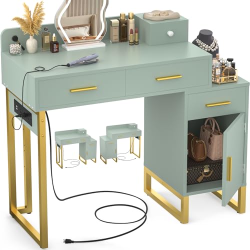 Vanity Desk with 4 Storage Drawers - Modern Makeup Vanity Table with Charging Station