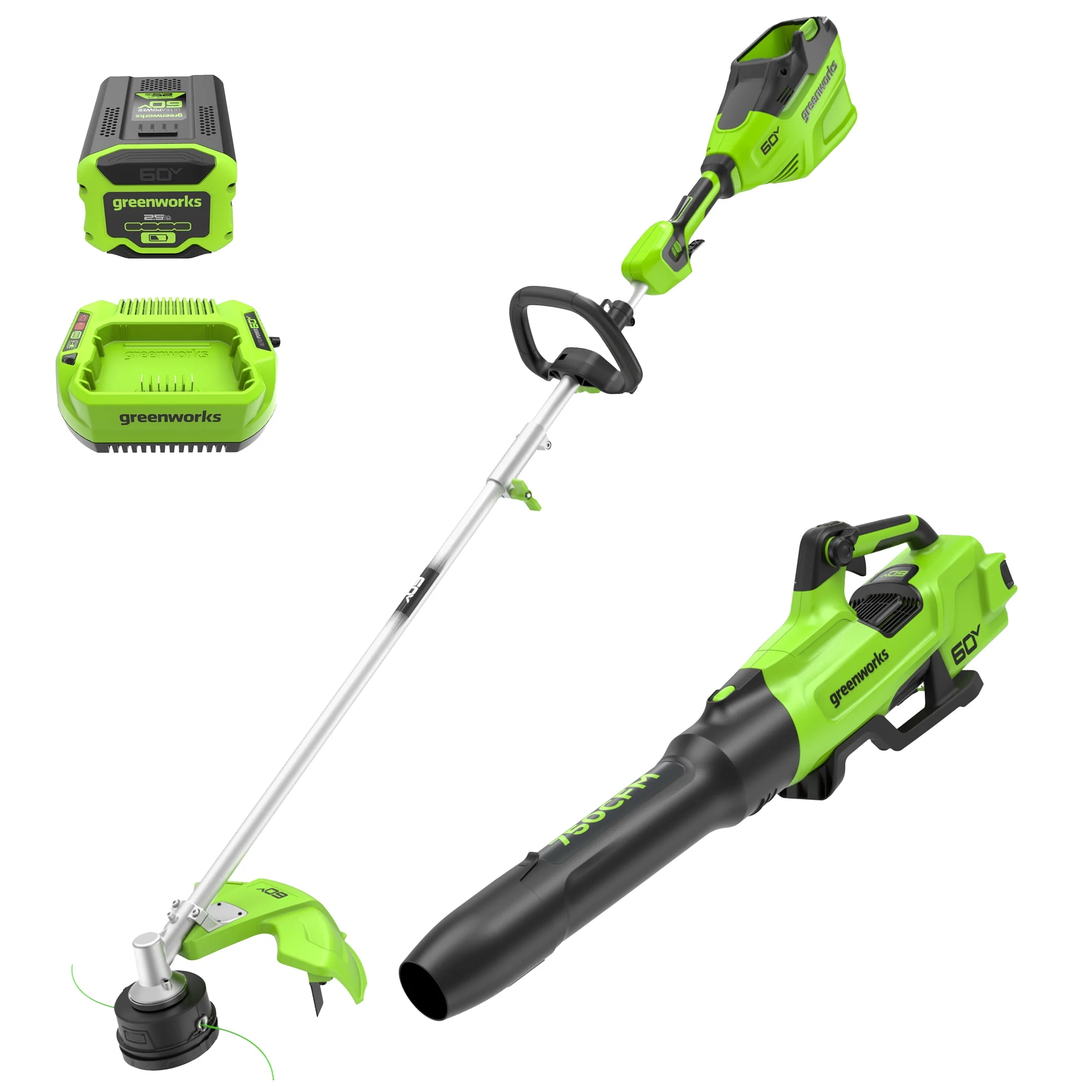 Greenworks 60V 16 String Trimmer & 750 cfm 170 mph Blower Combo + 2.5Ah Battery & Charger