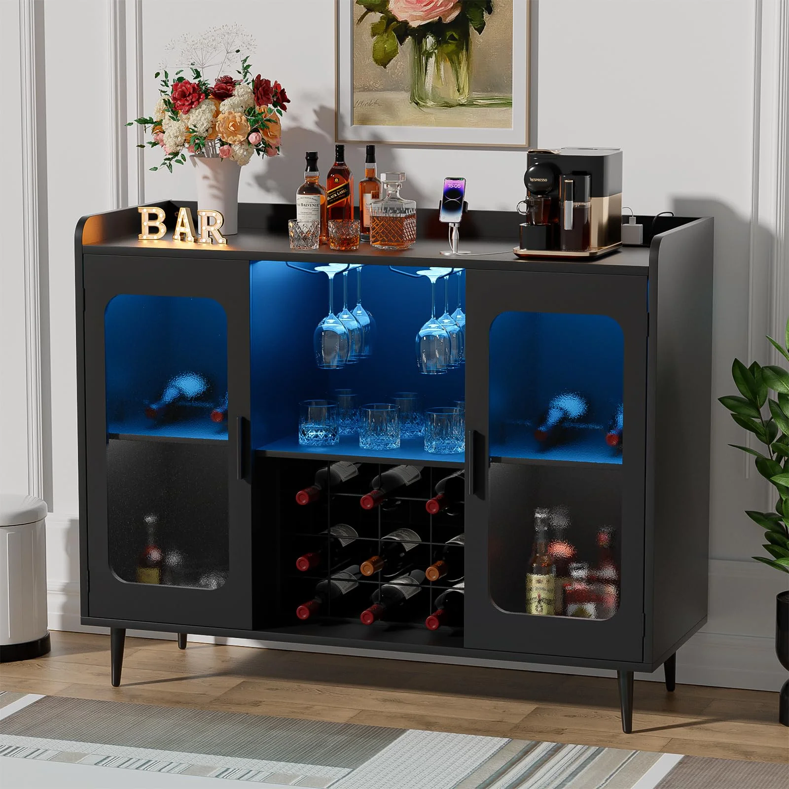 Homieasy Cabinet Bar with Power Outlet & LED Light, Wine Bar Cabinet with Wine and Glasses Rack, Home Coffee Bar Cabinet