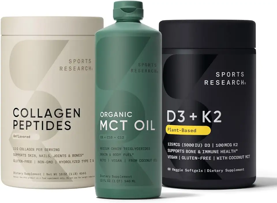 Sports Research Collagen Peptides Hydrolyzed Type 1 & 3 Collagen Powder Protein Supplement, Keto MCT Oil from Organic Coconuts - Triple Ingredient C8