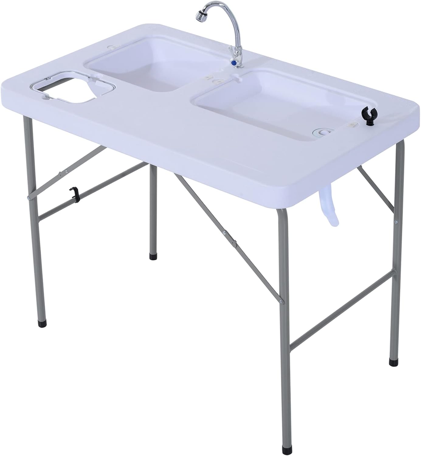 Outsunny Portable Folding Camping Sink Table with Faucet and Dual Water Basins, Outdoor Fish Table Sink, 40''