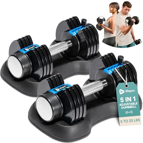 Lifepro Adjustable Dumbbells Set - 5in1-15lb 25lb 43lb 55lb weights Set & Single with Rack - Quick Adjust, Secure Grip