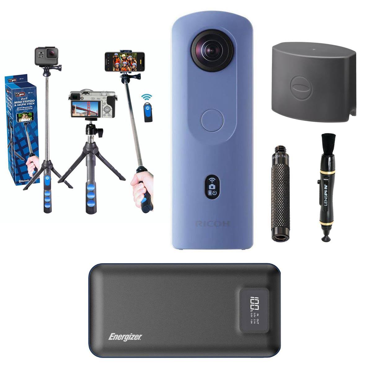 Ricoh Theta SC2 4K 360 Spherical Camera Blue - Bundle with Mini Tripod, Extension Adapter, Power Bank, Lens Cleaner