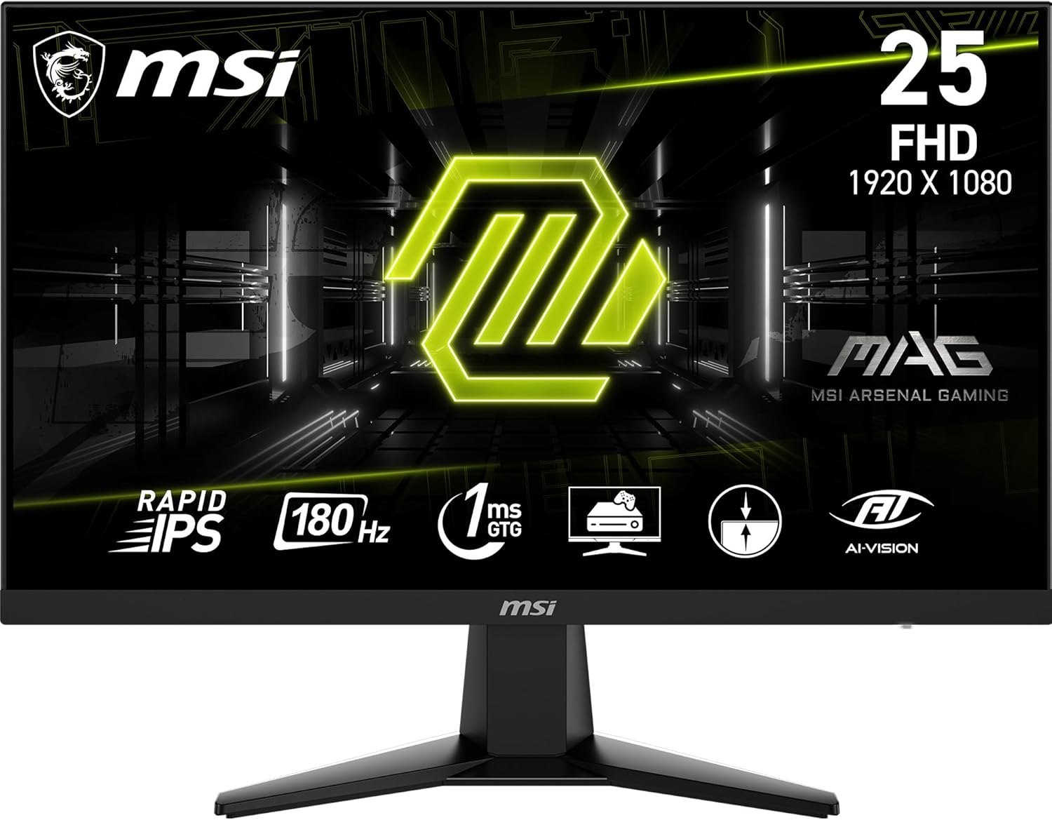 MSI G256F 25-inch 1920 x 1080 (FHD) Computer Monitor, 180Hz, Adaptive-Synch, HDMI, DisplayPort, VESA Mountable, Tilt, Height Adjustable, Speaker, 1ms