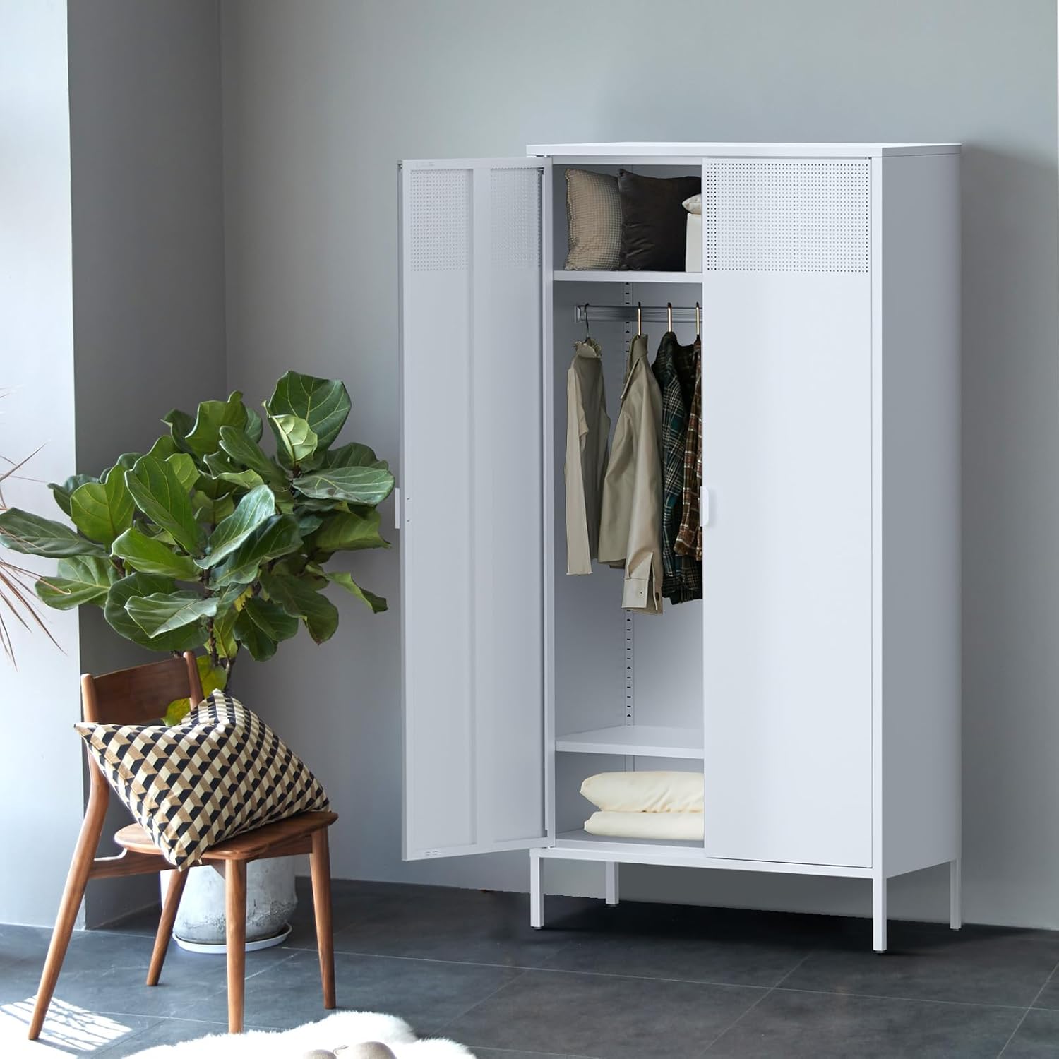 Steel Wardrobe - Metal Storage Cabinet with Adjustable Shelf & Removable Hanging Rods - Metal Organiser with Breathable mesh for bedrooms