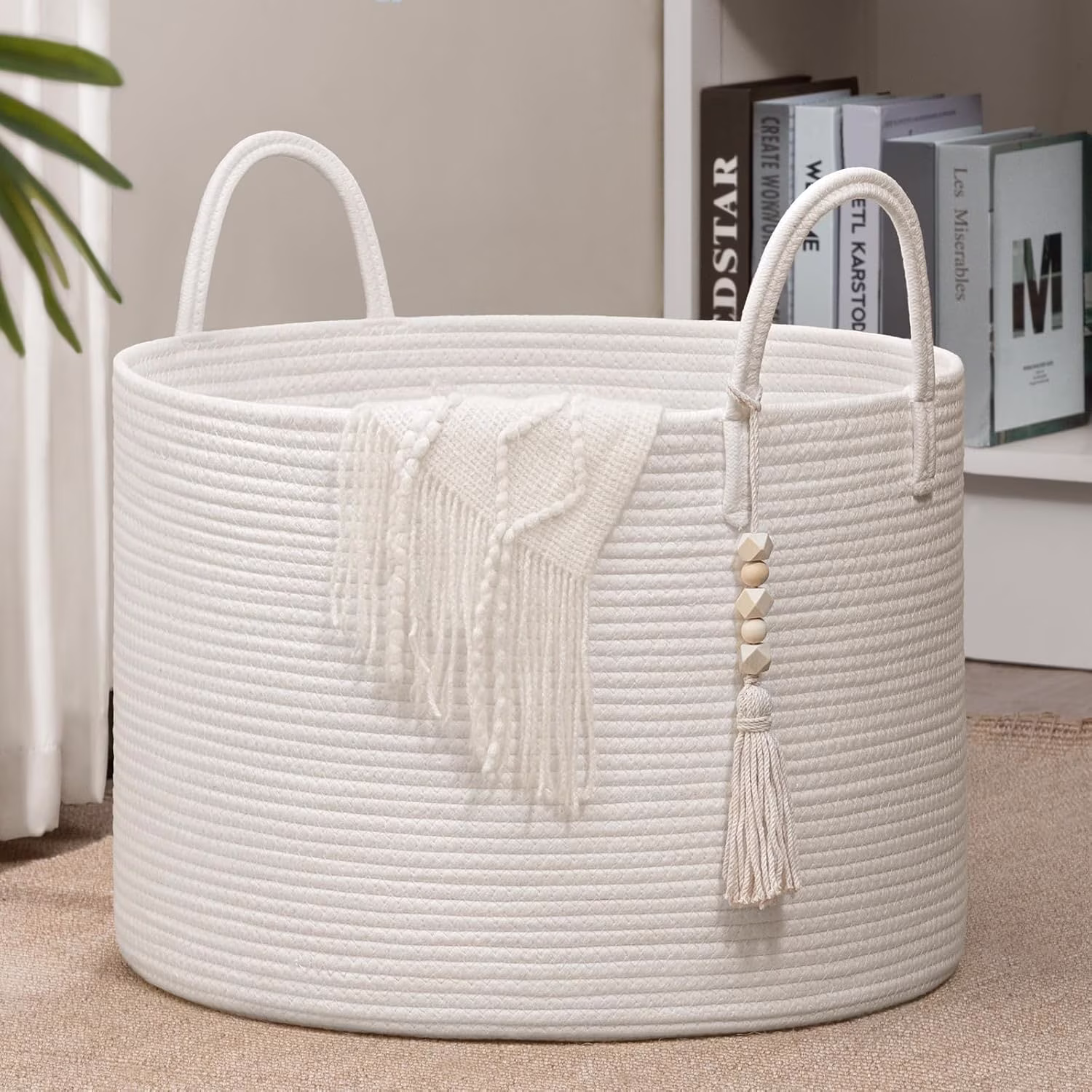 Large Laundry Basket Decorative White Basket for Blankets, Baby Storage Basket for Nursery, Living Room, Bedroom, Big Rope Hamper 17.7 x 12.6 Inches
