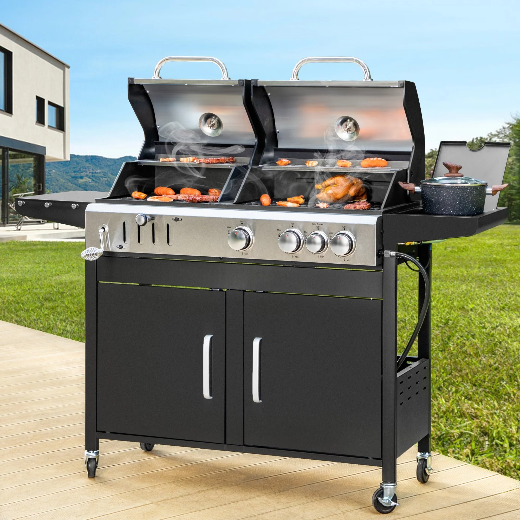 Alpha Joy Dual Fuel Gas and Charcoal Grill Combo with Side Burner