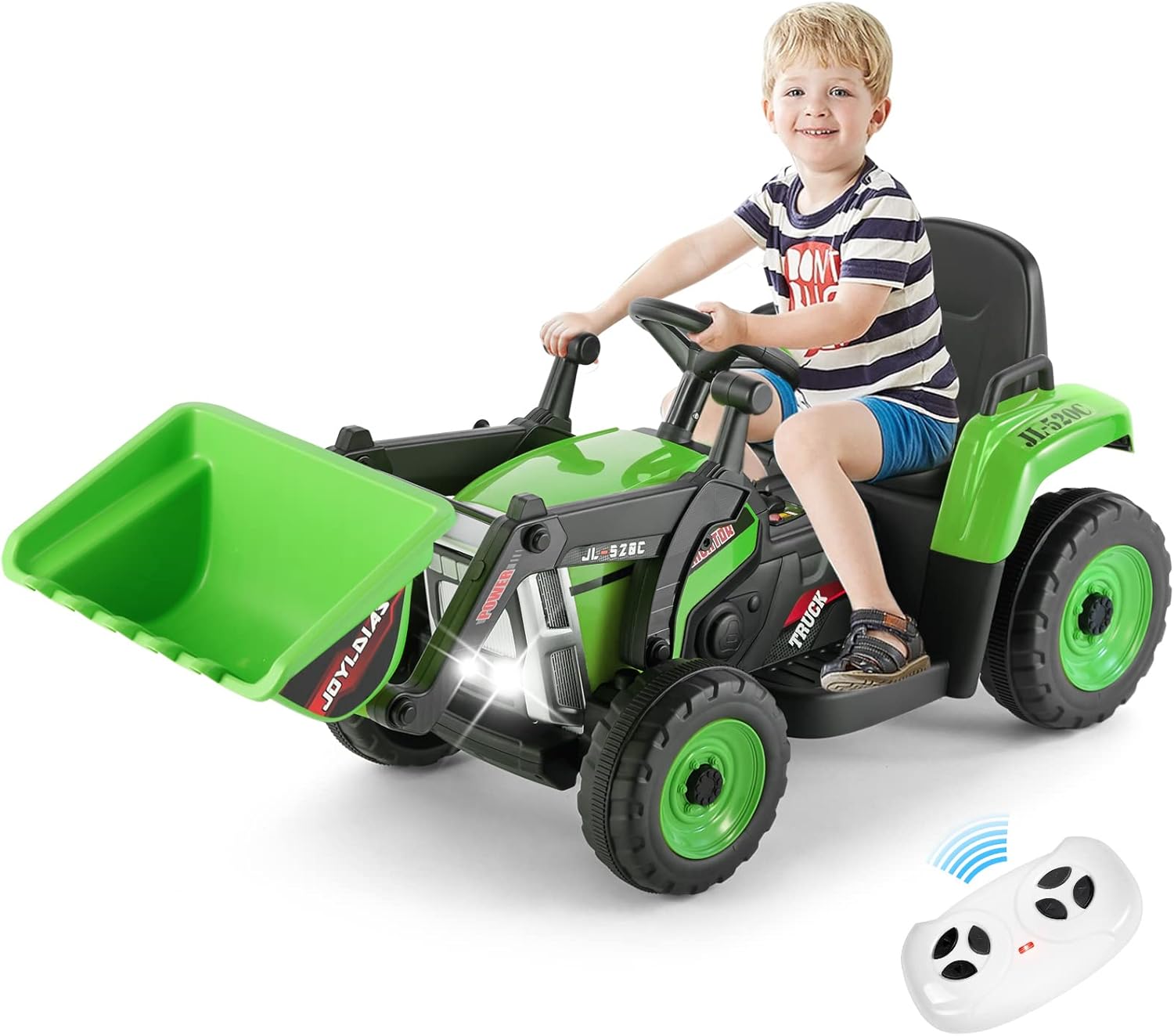 JOYLDIAS 12V Ride On Excavator with 2.4GHz Remote Control, Electric Construction Vehicle for Kids Digger with 3 Speeds, Bluetooth, Microphone Jack