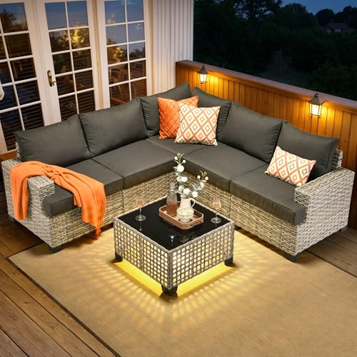 ovios 7 Piece Patio Sectional Furniture, Rattan Wicker Coversation Couch Set, Outdoor Sofa Set for Outside Porch Balcony Backyard Pool,Navy Blue