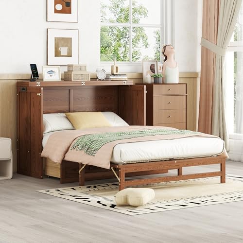 KEIKI Queen Size Cabinet Murphy Bed with Charging Station and Drawer, Multiple Storage Foldable Hideaway Wall Murphy Bed Frame with Solid Slat