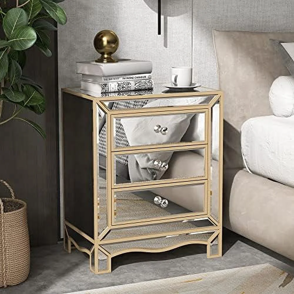 TJBOLIFE Mirrored Nightstand Bedside Table  Modern 3-Drawer Mirrored Accent End Tables Sofa  with Crystal-Style Knobs for Bedroom  Living Room