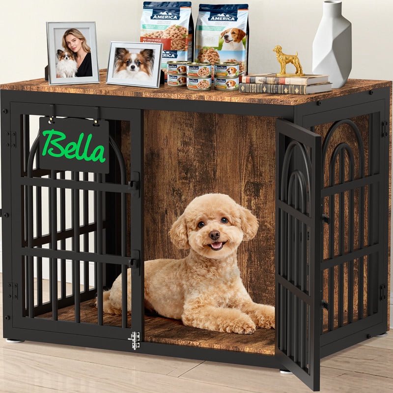 Dog Crate Furniture with Cushion, Wooden Dog Kennel End Table with Double Doors, Heavy Duty Indoor Dog House for Small Medium Large Dogs