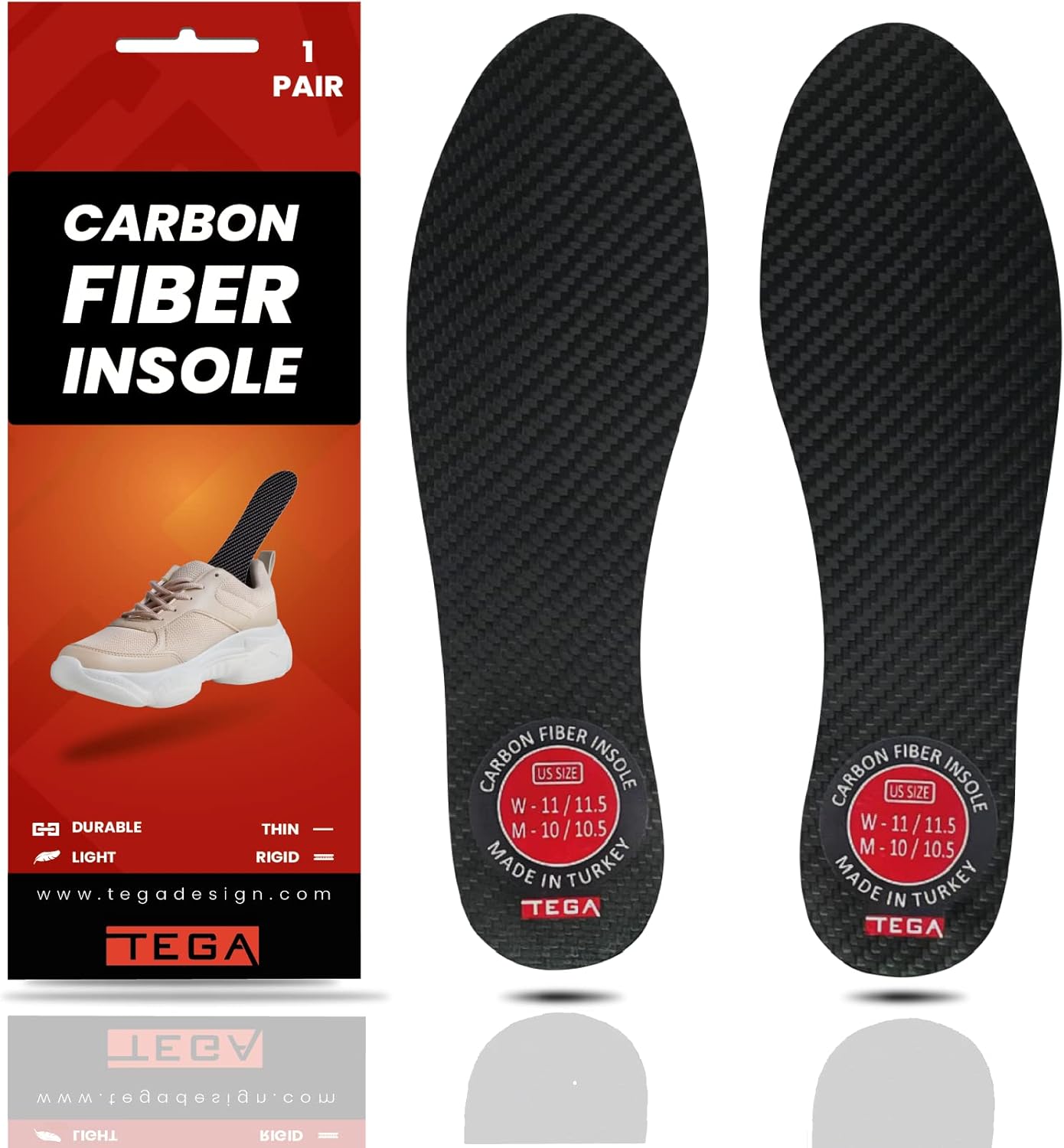 TEGA Carbon Fiber Insole (1 Pair) - for Turf Toe, Foot Fractures, Hallux Rigidus and Limitus - Rigid Shoe Insert for Sports, Hiking, Trekking