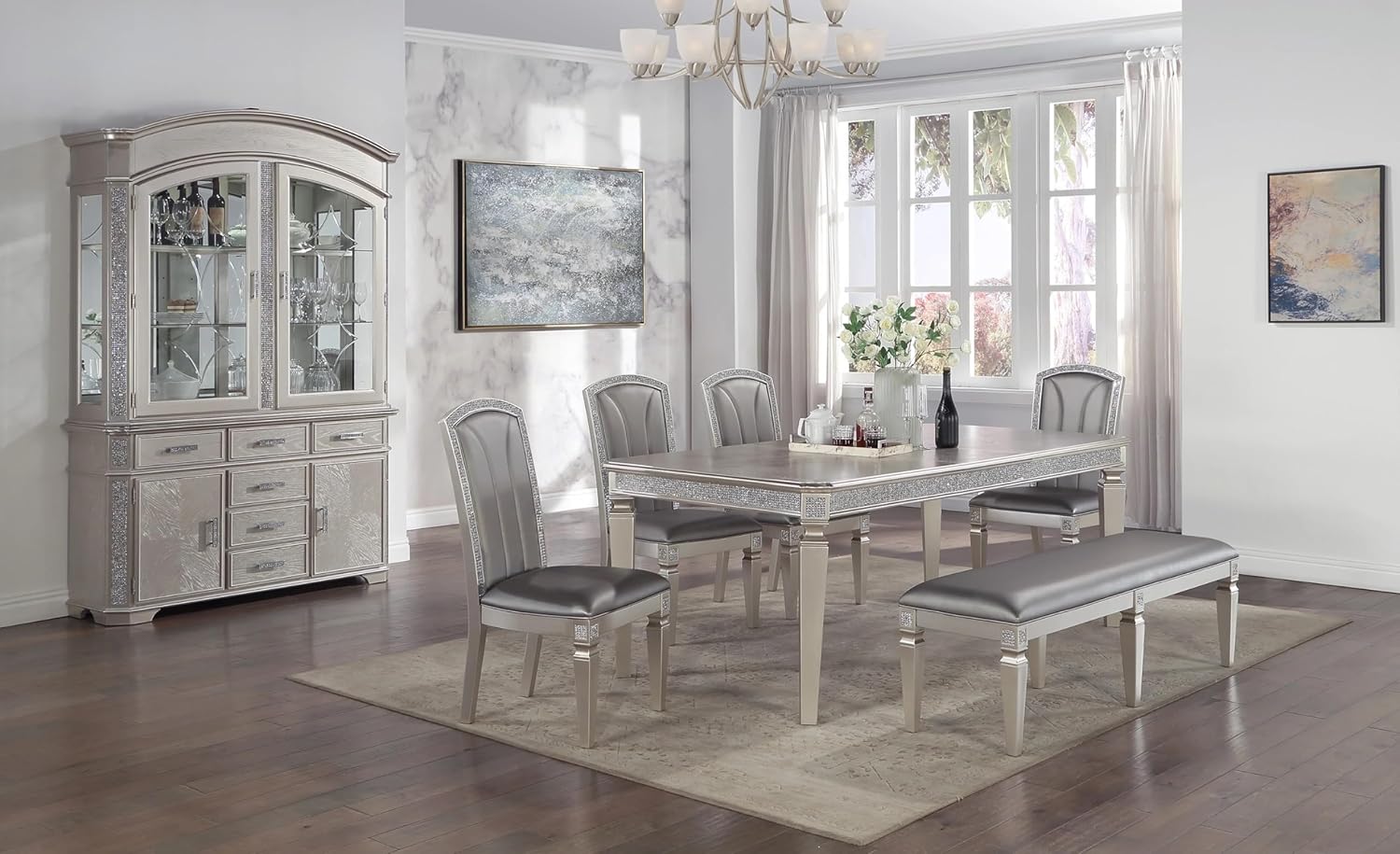 Luxury Formal Glam Style 6pc Dining Set with Extendable Leaf Table, Upholstered Chair and Bench, Silver Champagne Finish, 18 Inch Extension
