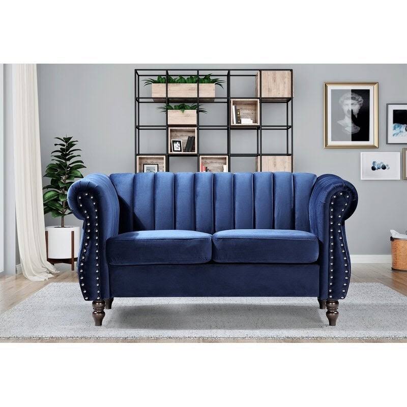 Capri Velvet Chesterfield 42.5 Rolled Arms Loveseat Blue
