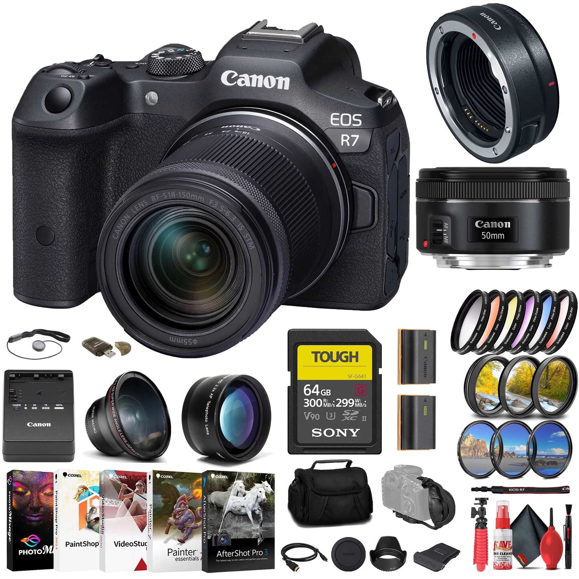 Canon EOS R7 Mirrorless Camera with 18-150mm Lens (5137C009) + Canon EF 50mm Lens (0570C002) + Canon Mount Adapter + Sony 64GB TOUGH SD Card + Filter