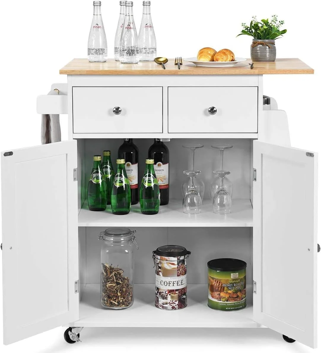 AUGESTER Kitchen Utility Cart, Multifunctional Wooden Trolley with Rollers, Kitchen Storage Trolley with Cabinet, Towel Rack, 2 Drawers