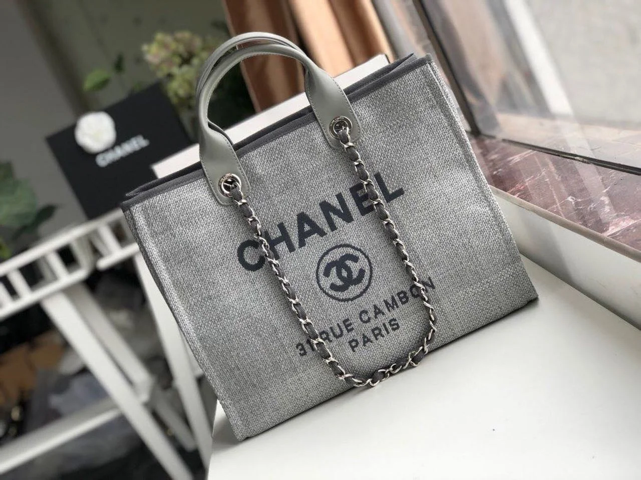 Chanel Small Shopping Bag Silver Hardware Grey For Women, Women&rsquo;s Handbags, Shoulder Bags 15.2in/39cm AS3257