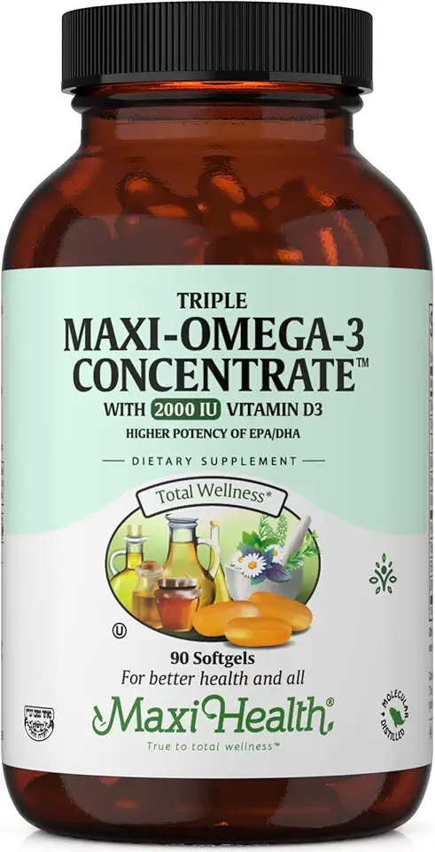 Maxi Health Omega 3 Supplement - Omega-3 Fish Oil Triple Concentrate w/ Vitamin D3 - Potent Source of EPA / DHA Fatty Acids - Heart, Brain