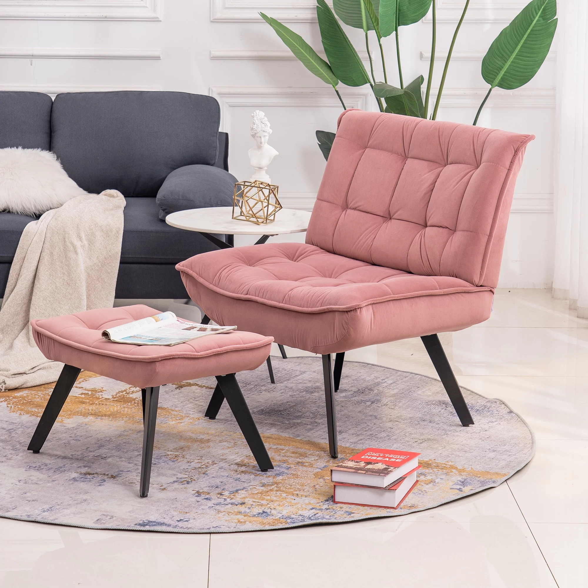 Modern Pink Soft Velvet Material Large Width Accent Chair For Indoor Home And Living Room