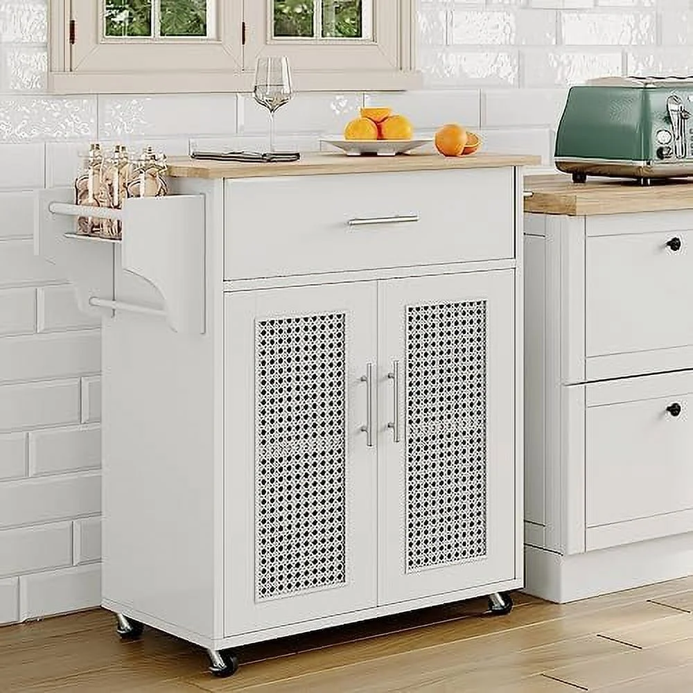YPDCHB Kitchen Island with   Rolling Kitchen Island on Wheels with Solid Wood Countertop  White Kitchen Island Cart with Rattan  Cabinet  Spice Rack