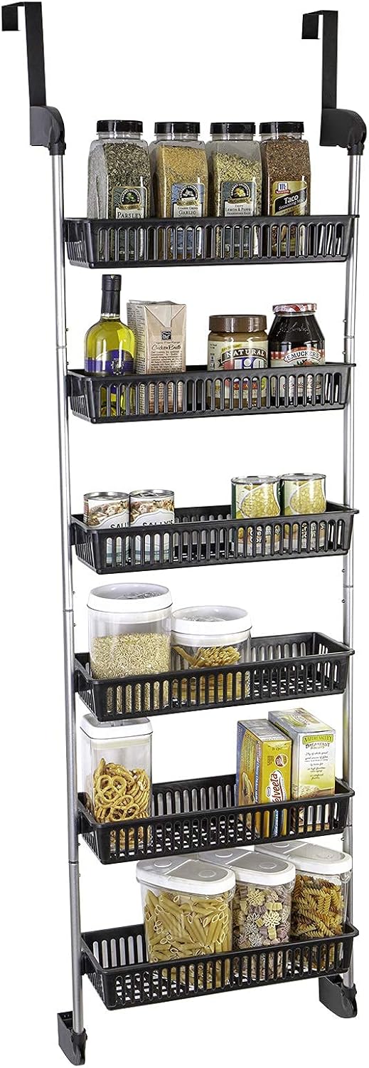 Smart Design Over The Door Pantry Organizer Rack w/ 6 Baskets - Steel & Resin Construction w/ Hooks - Hanging - Cans, Spice, Storage, Closet