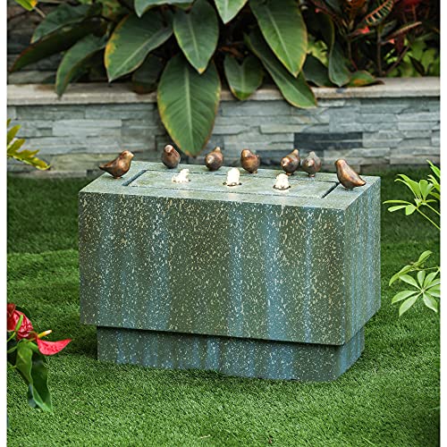 LuxenHome 24" Gray Rectangular and Birds Resin Outdoor Bubbler Fountain with LED Lights Waterfall Fountain Decoration for Garden Back Yard Courtyard