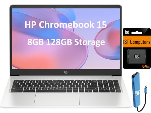 HP Chromebook 15 15.6" HD (Intel Pentium N6000, 8GB RAM, 128GB Storage (64GB eMMc + 64GB SD Card), UHD Graphics, Numeric KB) Home & Student Laptop