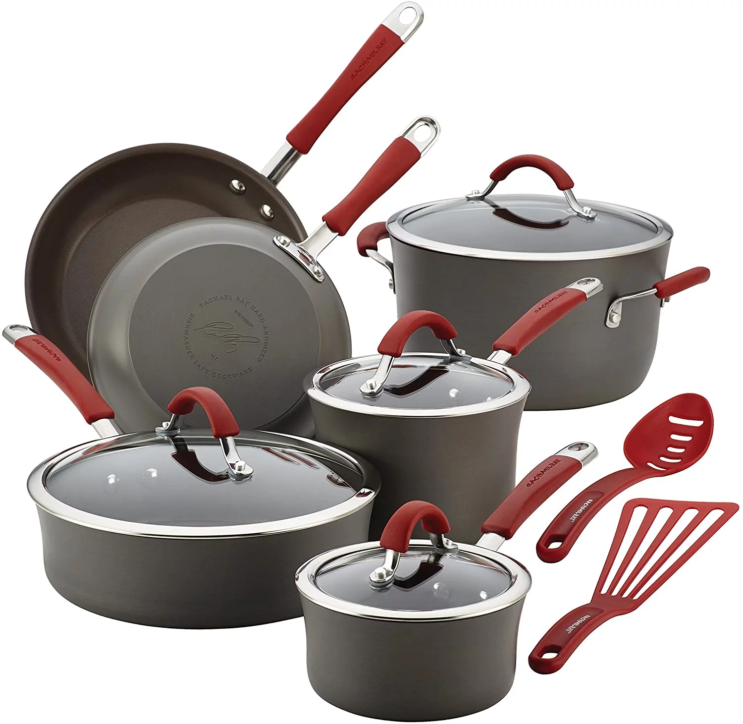 Rachael Ray Cucina Hard Anodized Nonstick Cookware Pots and Pans Set. 12 Piece. Gray with Red Handles