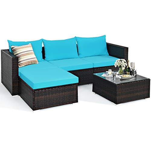 Tangkula 5 Piece Outdoor Patio Furniture Set, Sturdy Frame and Weight Capacity Up to 360 Pound, Wicker Sectional Sofa Set with Glass Top Coffee Table