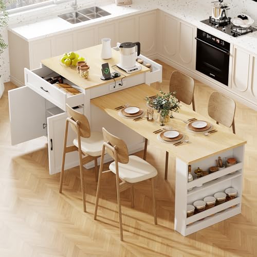 Merax 82.7" Kitchen Island with Extendable Dining Table for 4-6, with Storage, Charging Station