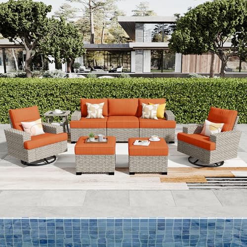 ovios 9 Piece Patio Sectional Furniture with Swivel Rocking Chairs, Rattan Wicker Coversation Set with Glowing Coffee Table