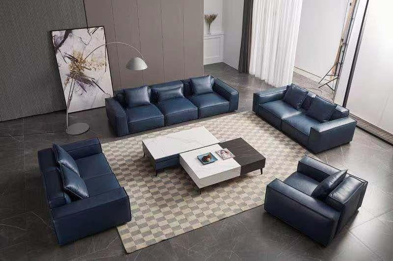 Modern Navy Blue Full Leather Sofa Set 4Pcs American Eagle EK8008-NB