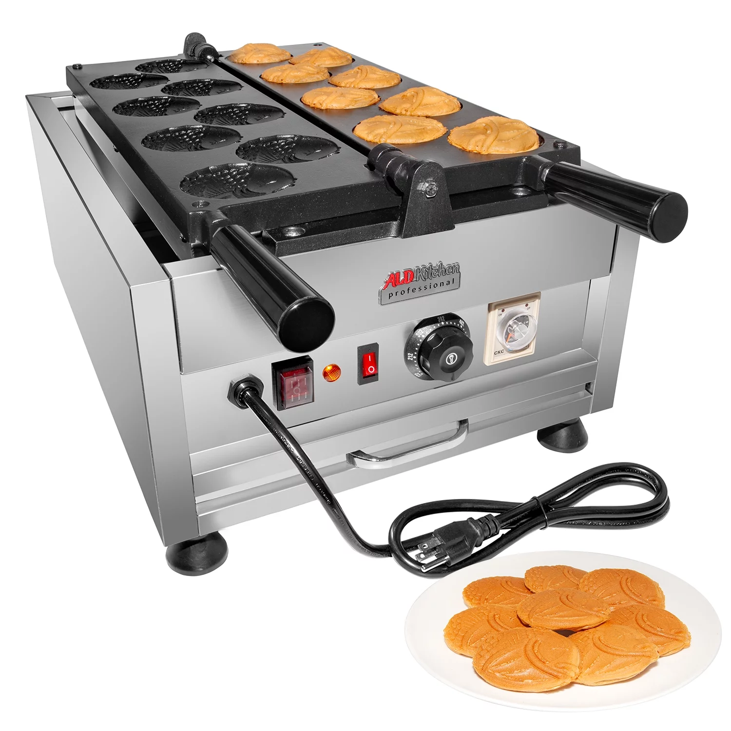 ALDKitchen Round-Shaped Fish Waffle Maker | Taiyaki Waffle Iron with Nonstick Coating | 8 Pcs | 110V