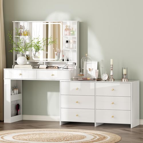 Large Makeup Vanity Desk with Mirror and Lights, Vanity Desk with 8 Drawers & Storage Shelves, Vanity Table with Power Outlet