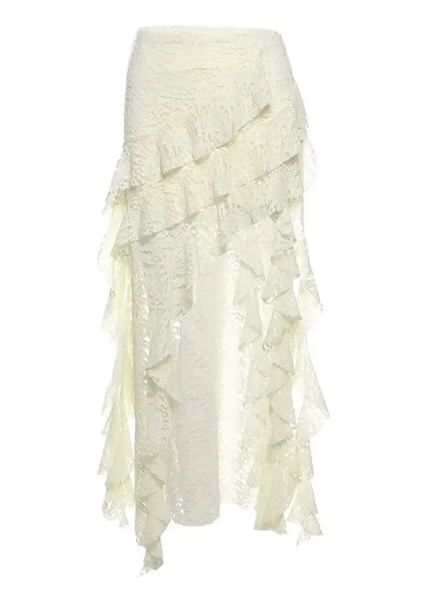 'Tipsy' Boho Style Lace Ruffle Irregular Hem Midi Skirt